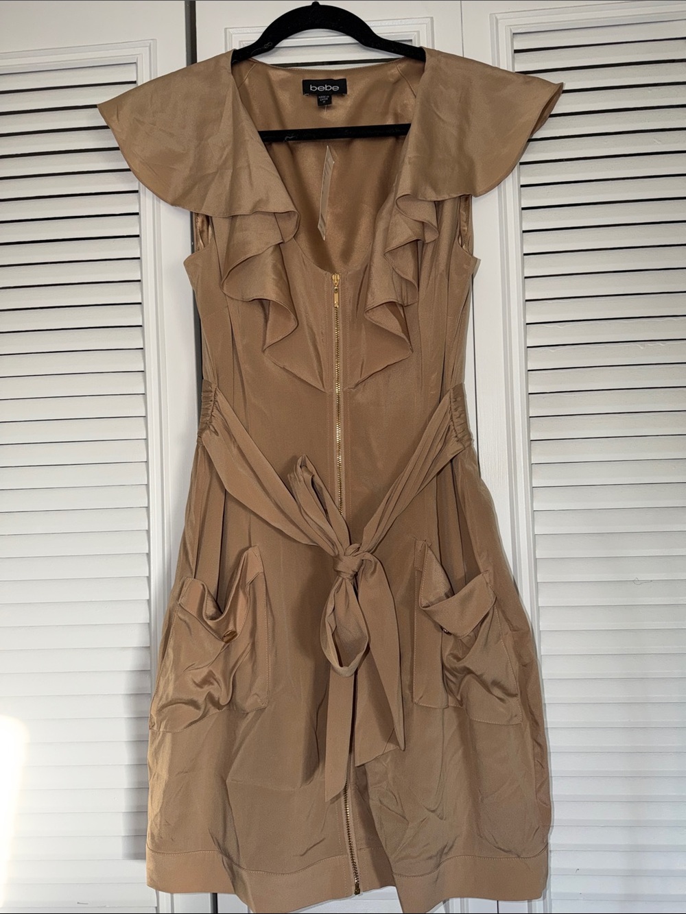 bebe Tan Ruffle Tie-Front Mini Dress